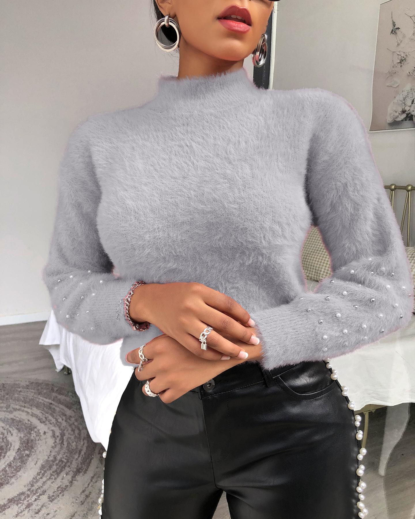 

Beaded Fluffy Lantern Sleeve Top, Gray