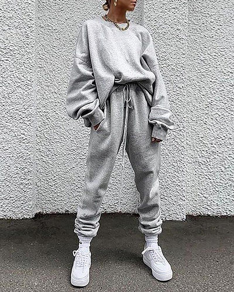

Plain Lantern Sleeve Top & Drawstring Pants Set, Gray