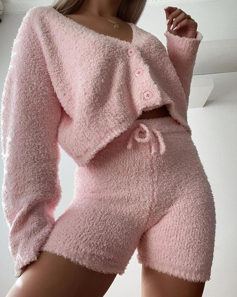 

Fluffy Buttoned Top & Drawstring Shorts Set, Pink