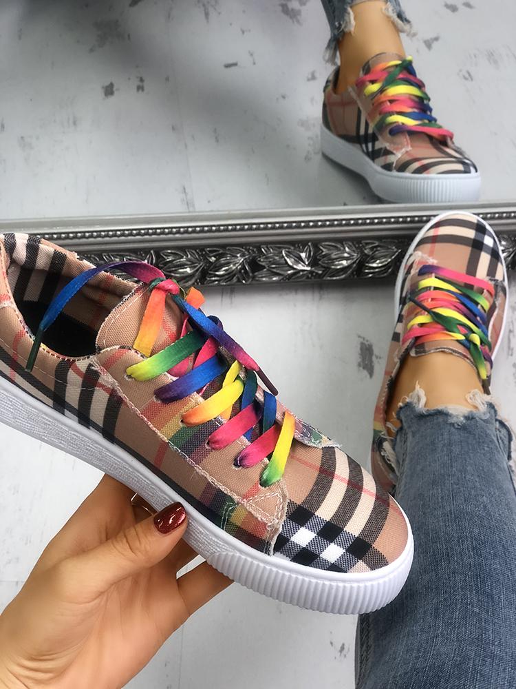 

Colorful Lace-Up Plaid Print Casual Sneakers