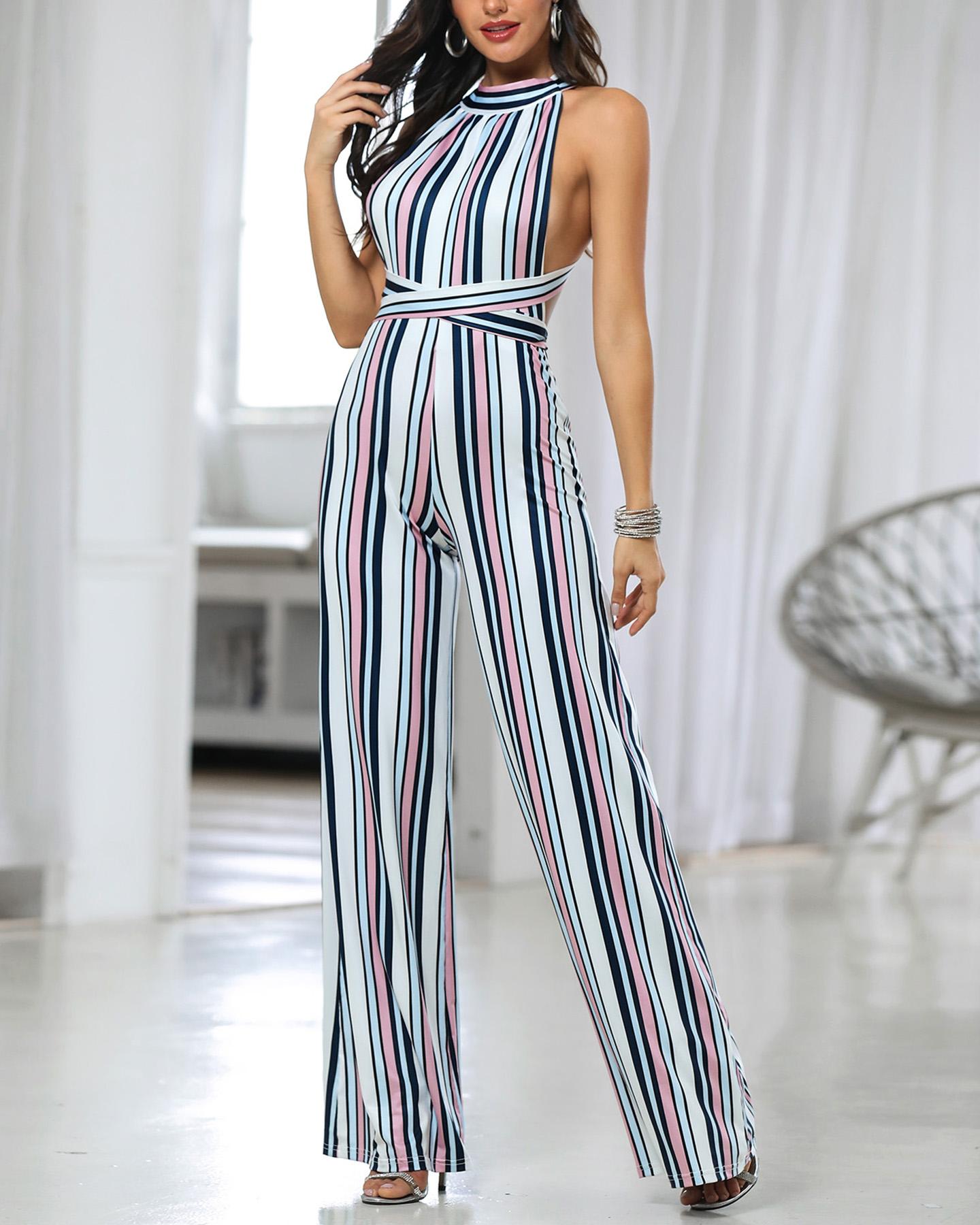 

Striped Halter Crisscross Backless Jumpsuit, Multicolor