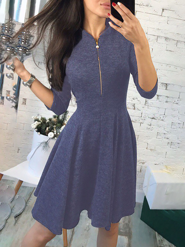 

Solid Zipper Up Pleated Casual Dress, Gray;wine red;dark blue