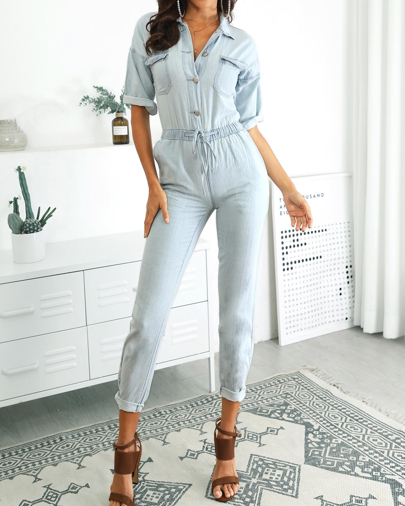 

Pocket Design Drawstring Denim Jumpsuit, Light blue