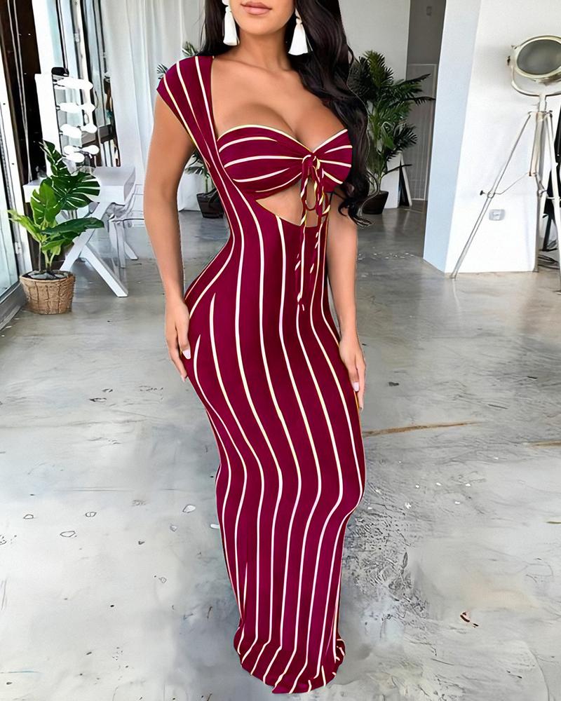 

U-neck Cut Out Striped Maxi Dress, Wine red