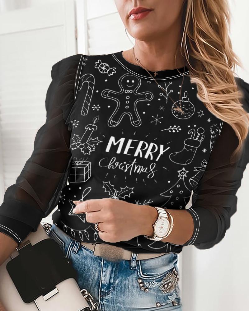 

Christmas Mixed Print Sheer Mesh Long Sleeve Top, Black