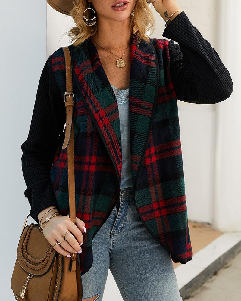 

Gingham Colorblock Long Sleeve Casual Cardigan, Green