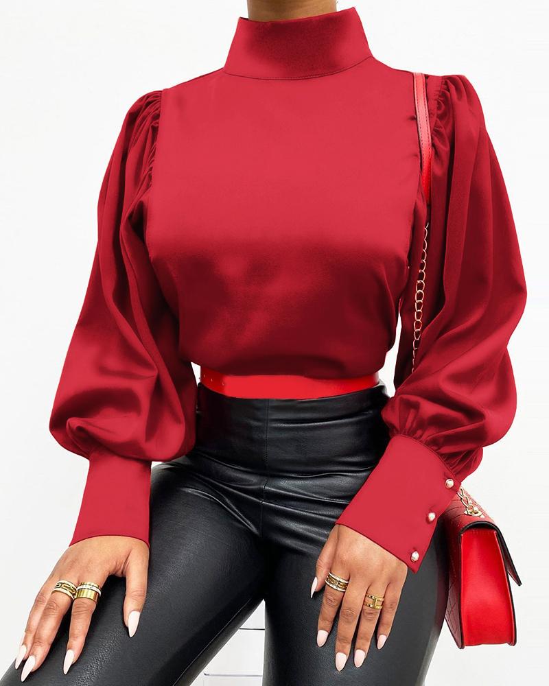 

Buttoned High Neck Lantern Sleeve Blouse, Red