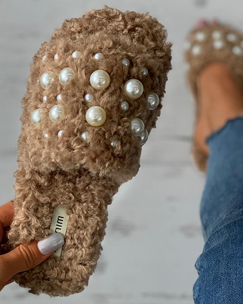 

Beaded Fluffy Peep Toe Casual Slipper, Coffee