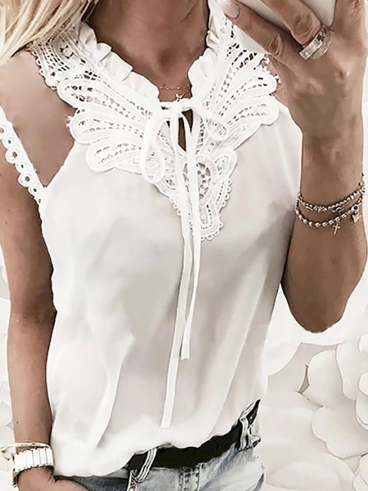 

Solid Lace Applique Mesh Splicing Blouse