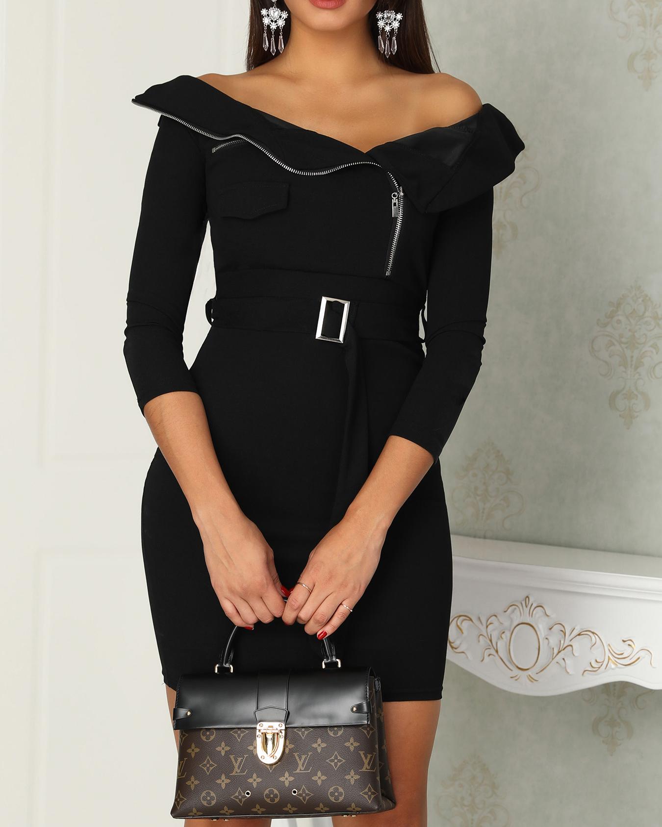 

Off Shoulder Zipper Design Belted Dress, Black