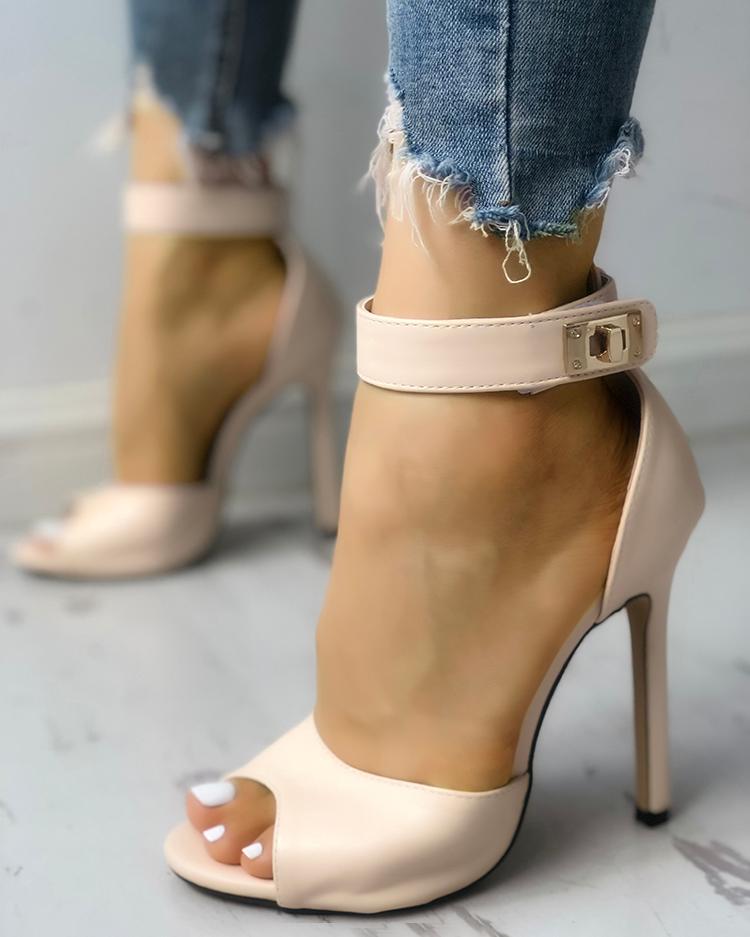 

Solid Peep Toe Ankle Strap Thin Heeled Sandals, Light pink