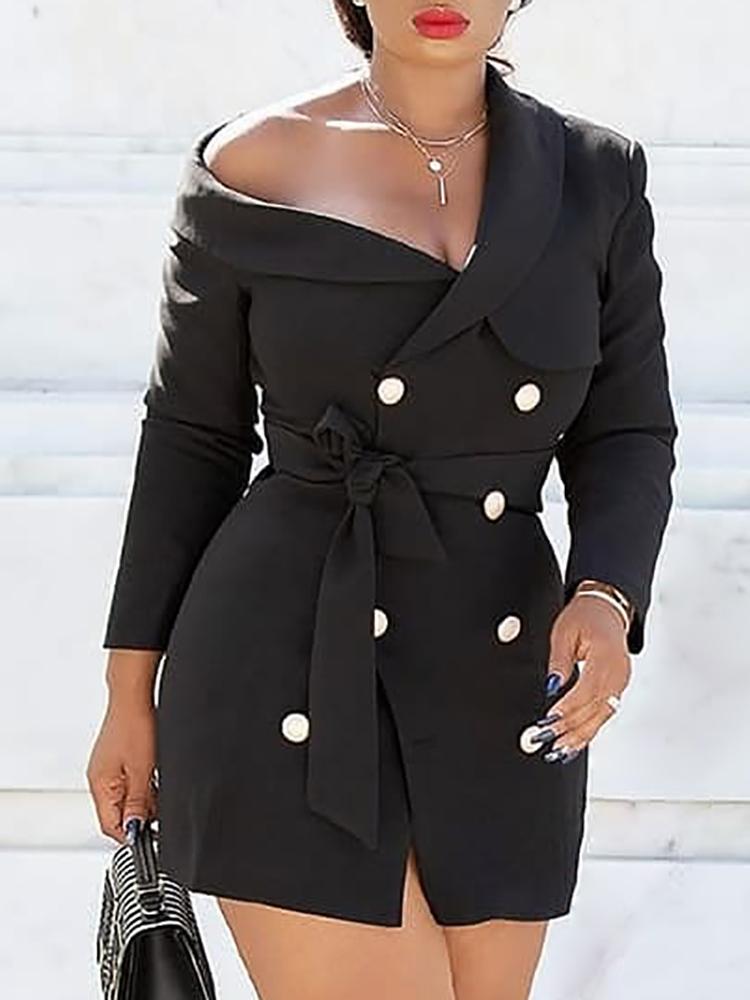 

One Shoulder Double-Breasted Belted Blazer Dress