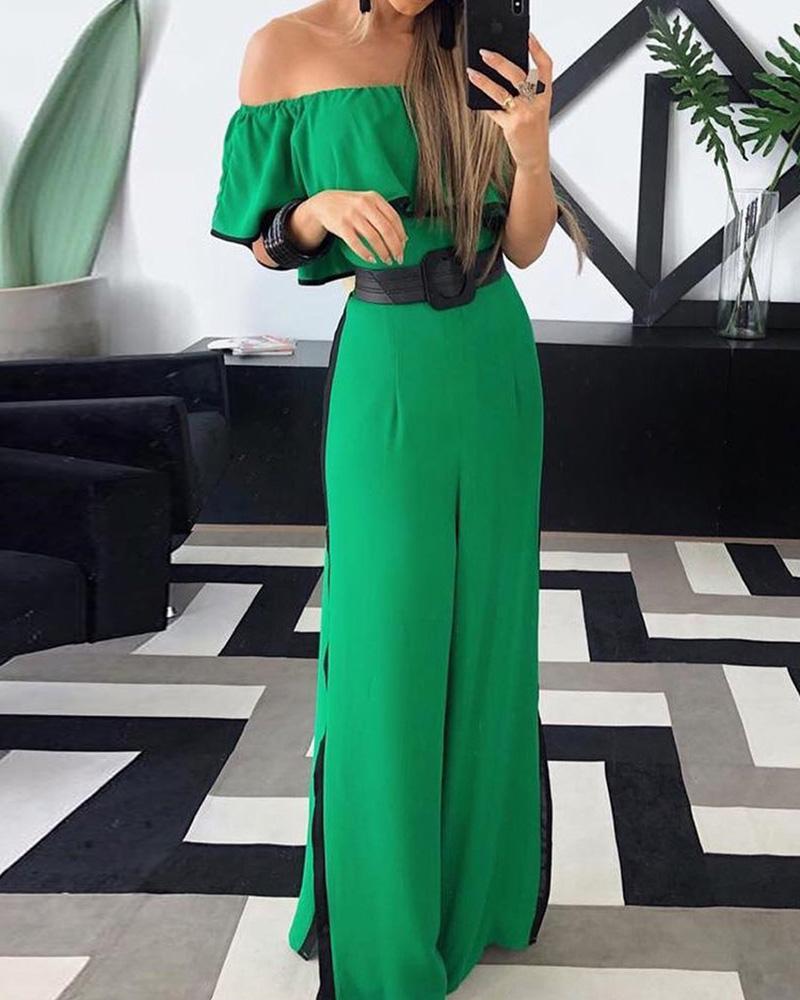 

Off Shoulder Ruffles Slit Wide Leg Jumpsuit, Green