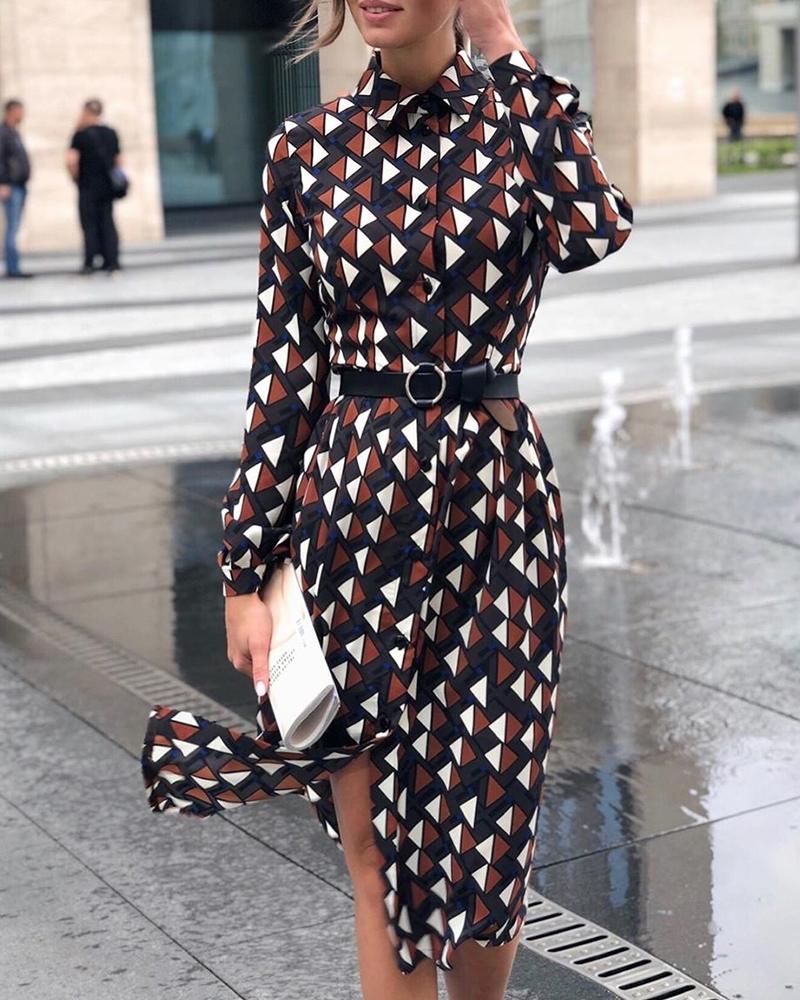 

Turn-down Collar Geo Print Buttoned Slinky Dress, Dark brown