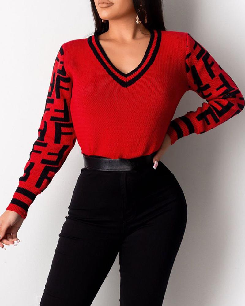 

Colorblock V-Neck Striped Knitting Sweater, Red