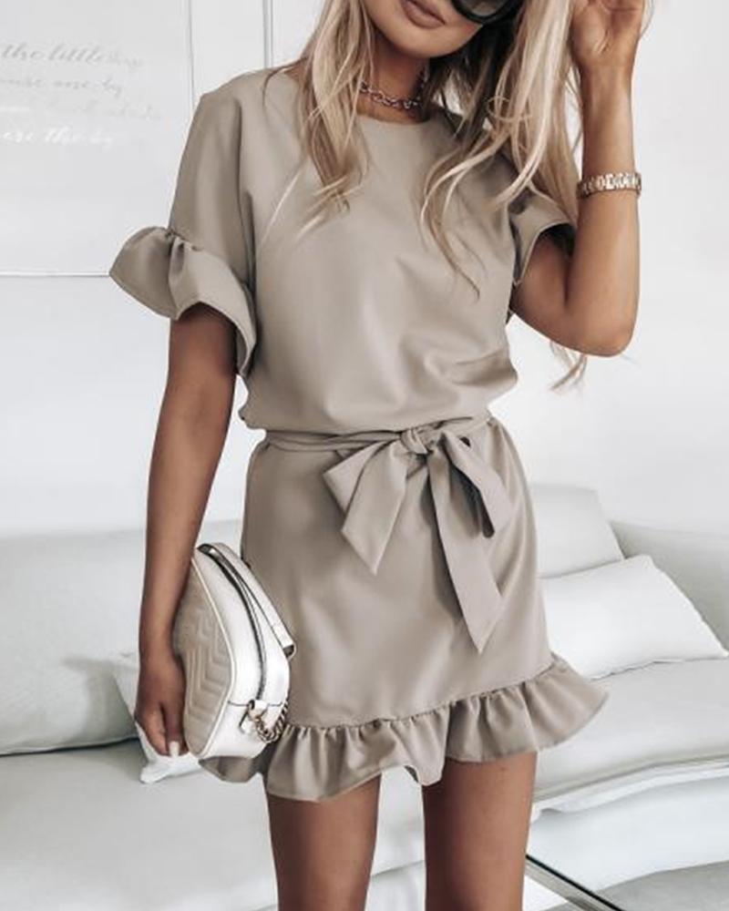 

Ruffle Trim Tie Waist Casual Mini Dress, Khaki