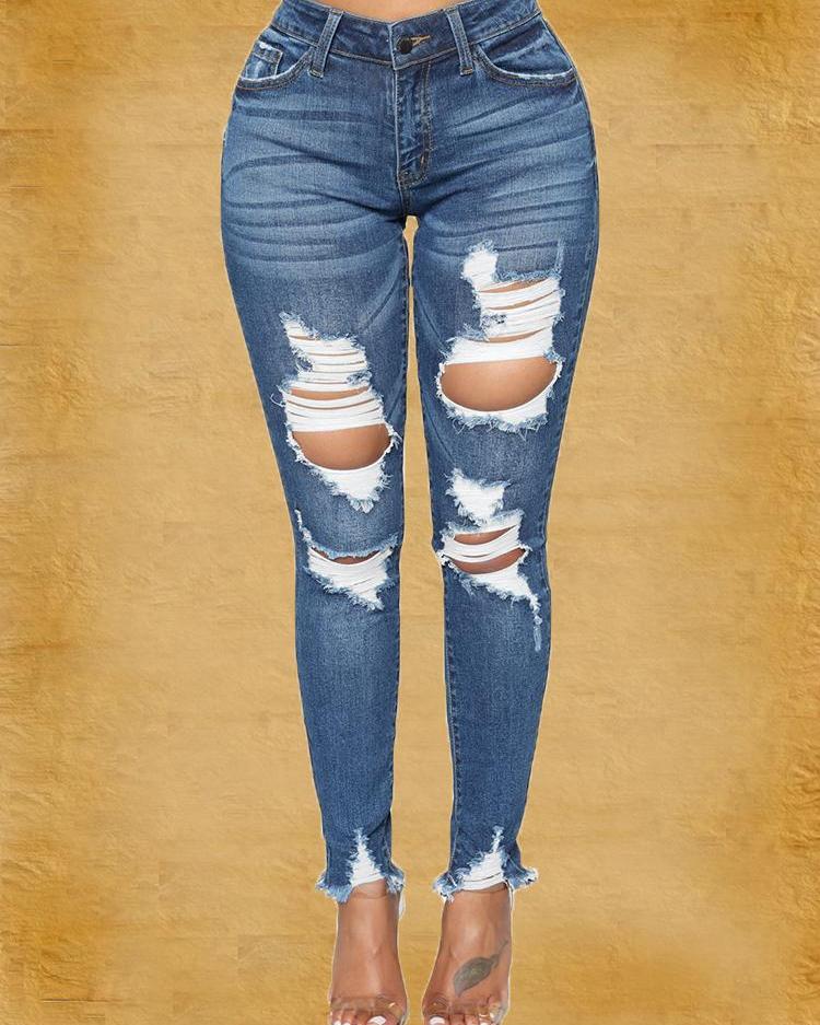 

Raw Hem Distressed Skinny Jeans, Blue