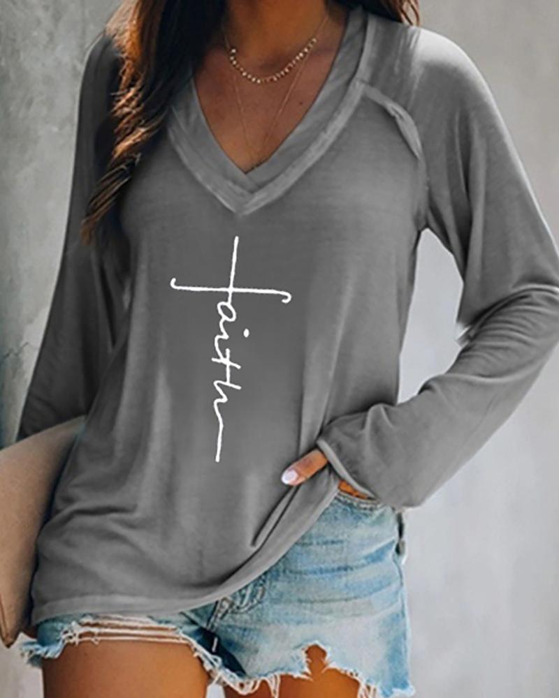 

Letter Pattern Print Long Sleeve Casual Top, Gray