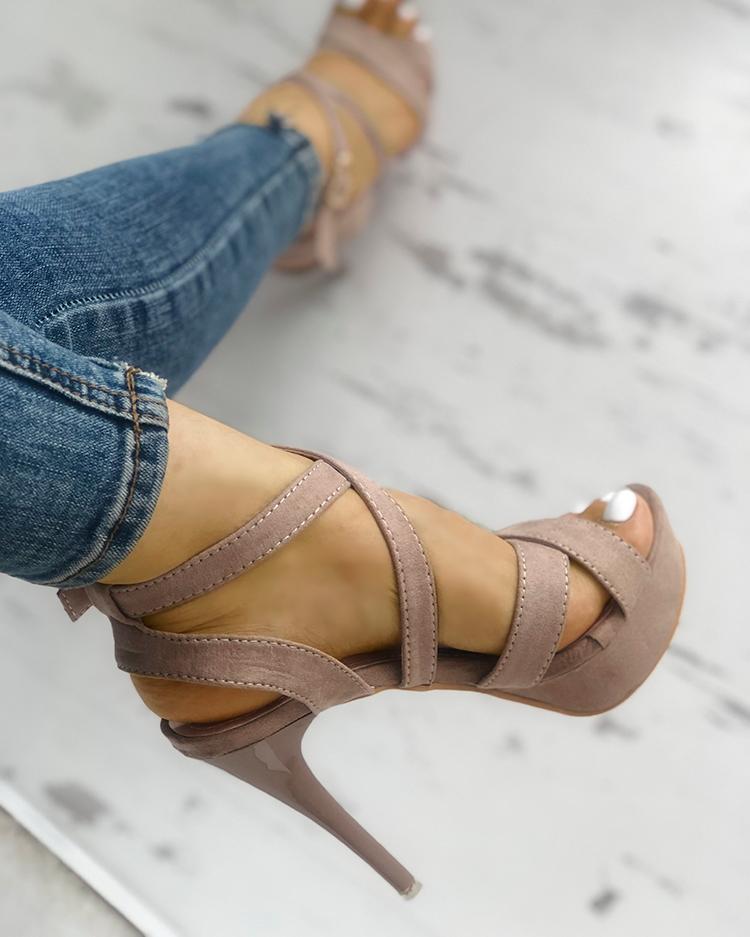 

Crisscross Buckle Platform Thin Heeled Sandals, Apricot