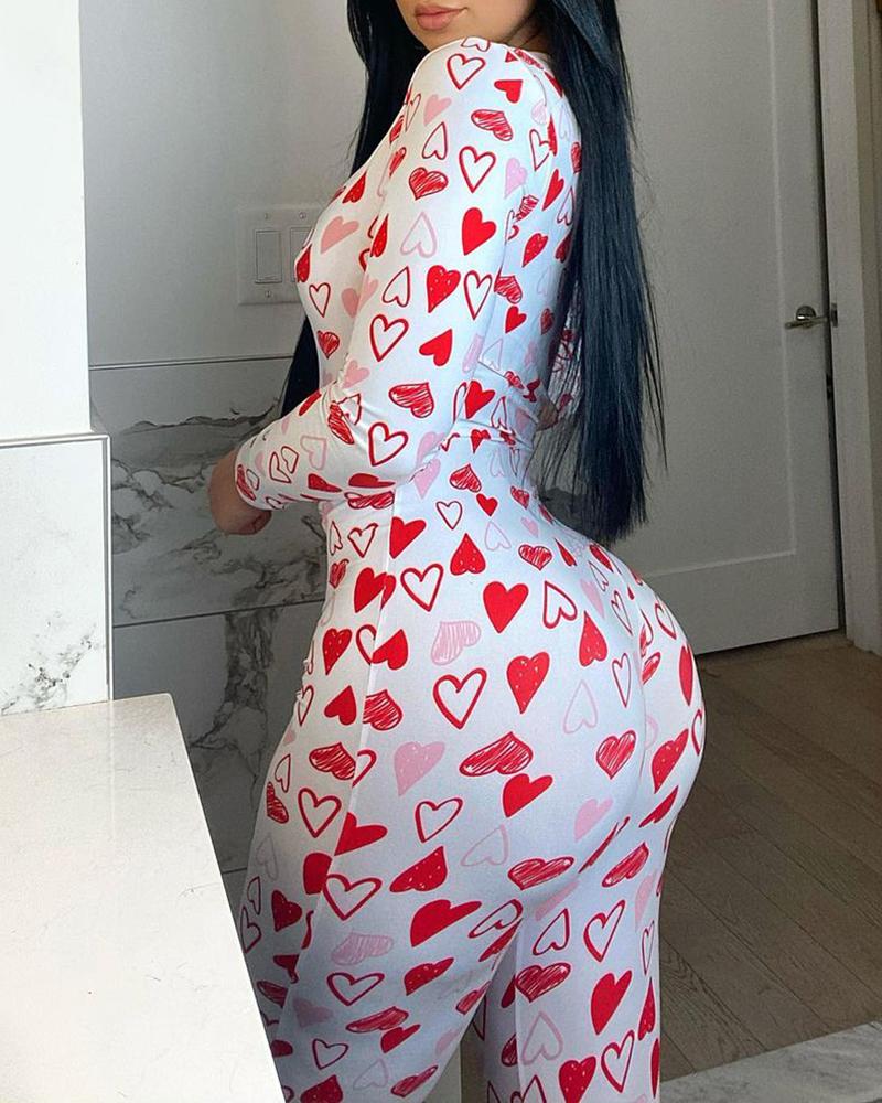 

Heart Print Long Sleeve Skinny Lounge Jumpsuit, White