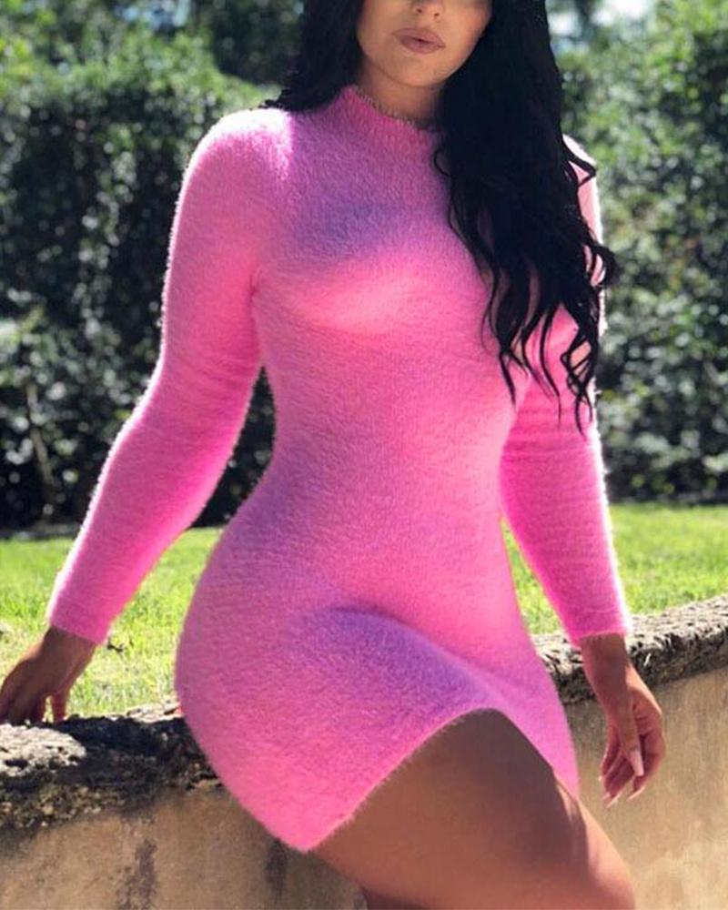

Solid Bodycon Mini Fluffy Dress, Pink