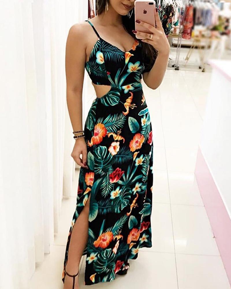 

Sling Floral Printed Slim Holiday Dress, Black
