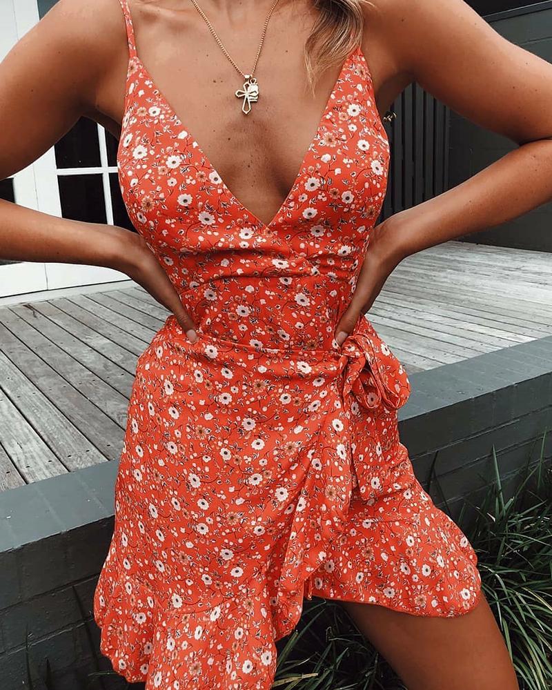 

Floral Print Ruffle Trim Cami Dress, Red