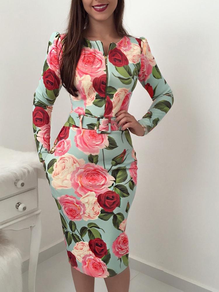 

Floral Print Zipper Up Self Belted Bodycon Dress, Green