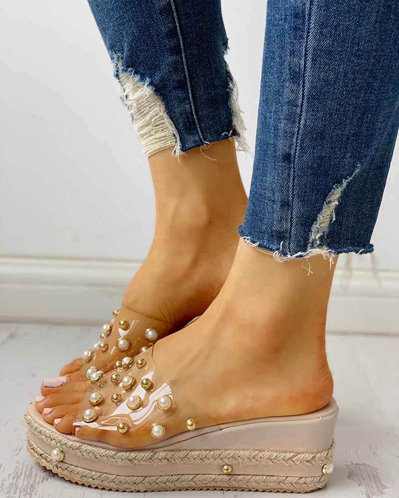 

Beaded Transparent Espadrille Platform Sandals, Apricot