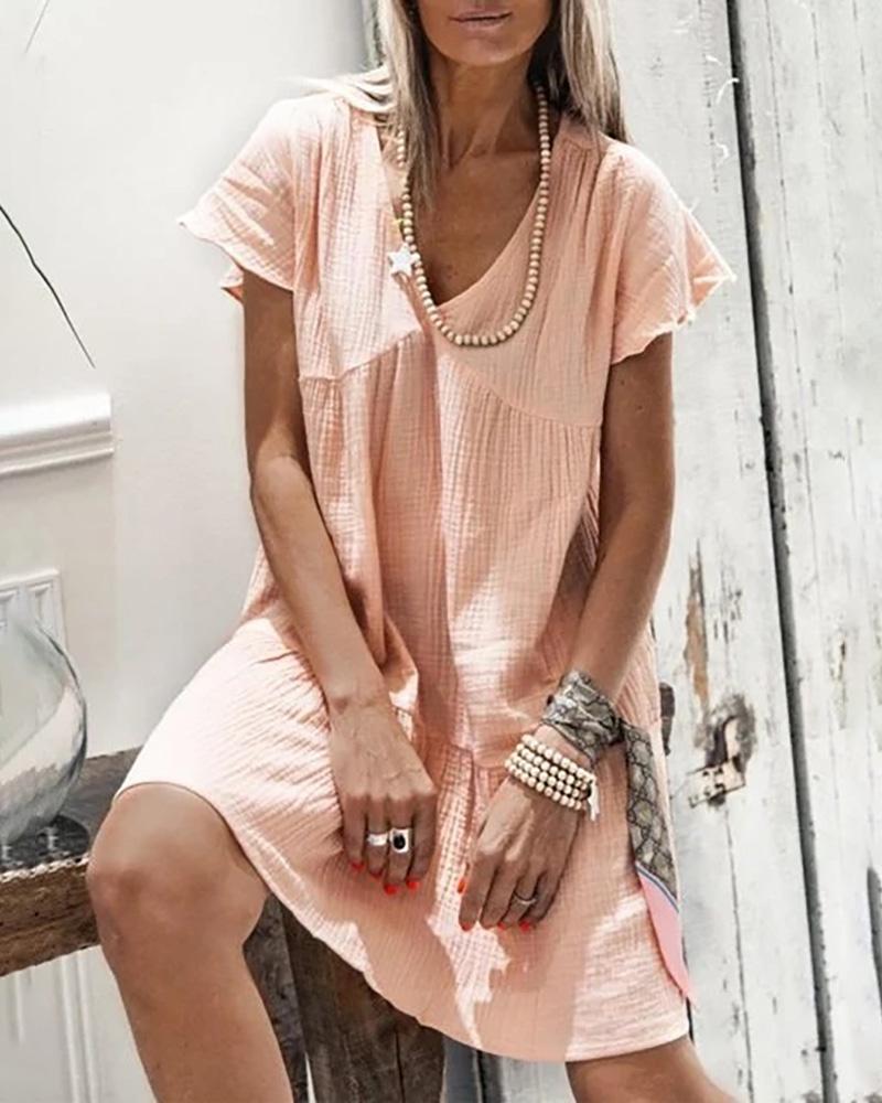 

V-Neck Ruffles Sleeve Casual Dress, Pink