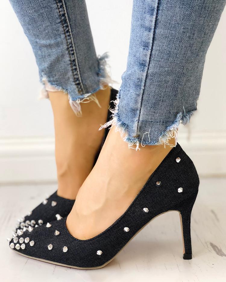 

Rivets Embellished Pointed Toe Denim Thin Heels, Black