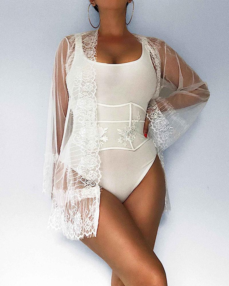 

See Through Mesh Stitching Lingerie Set, White
