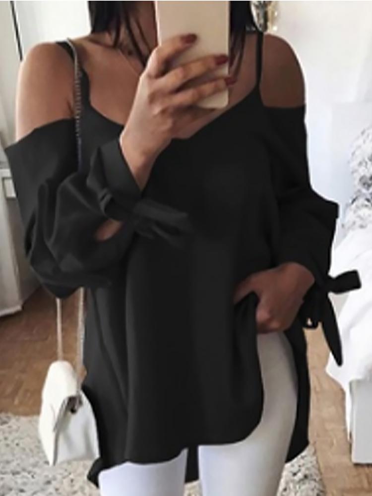

Spaghetti Strap Cold Shoulder Tied Sleeve Blouse, Black
