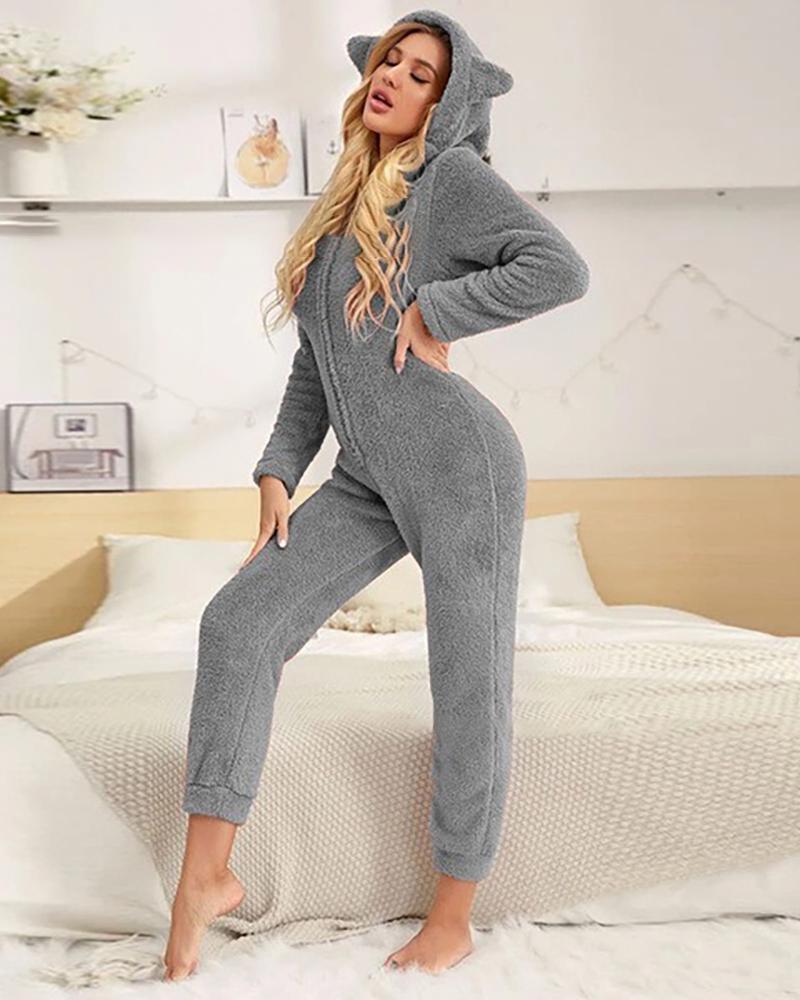 

Plain Hooded Teddy Animal Onesie Pajamas, Gray