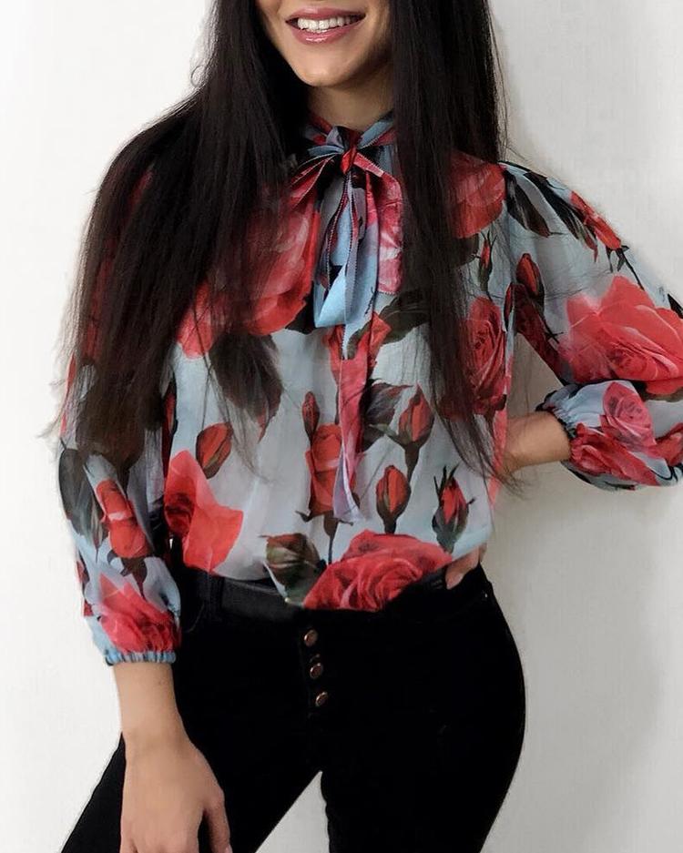 

Floral Print Tied Neck Long Sleeve Blouse, Light blue