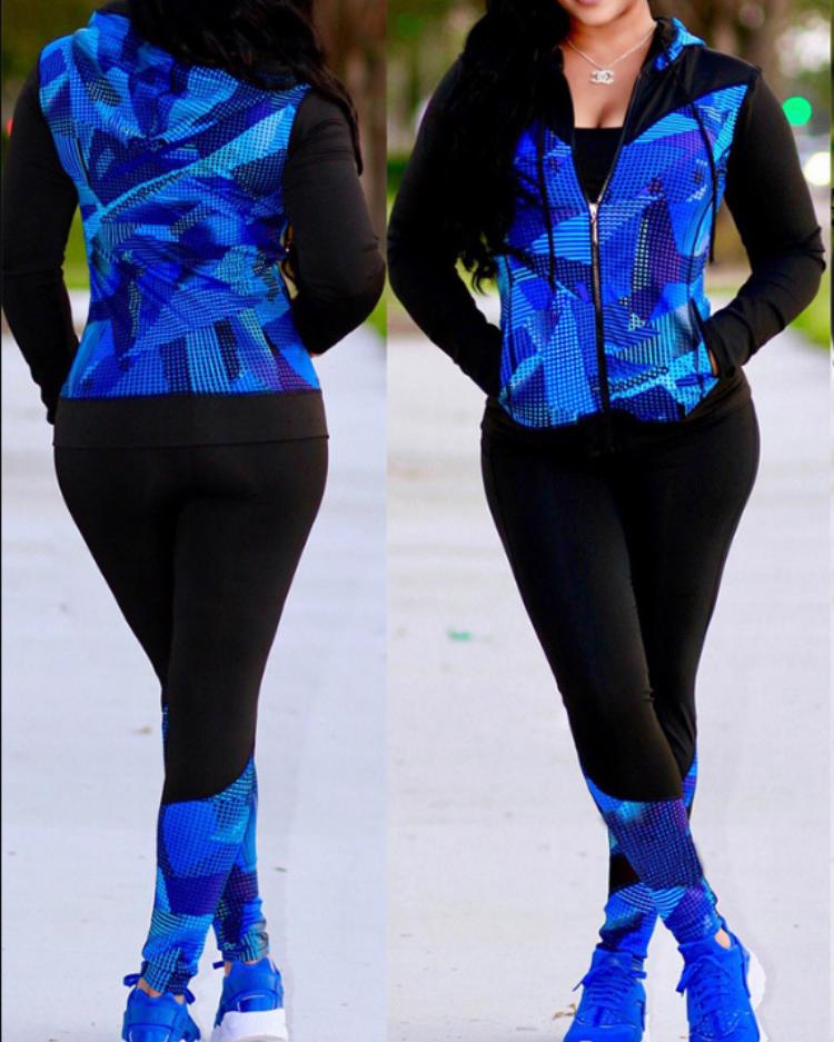 

Geo Print Long Sleeve Jacket & Skinny Pants Sets, Blue