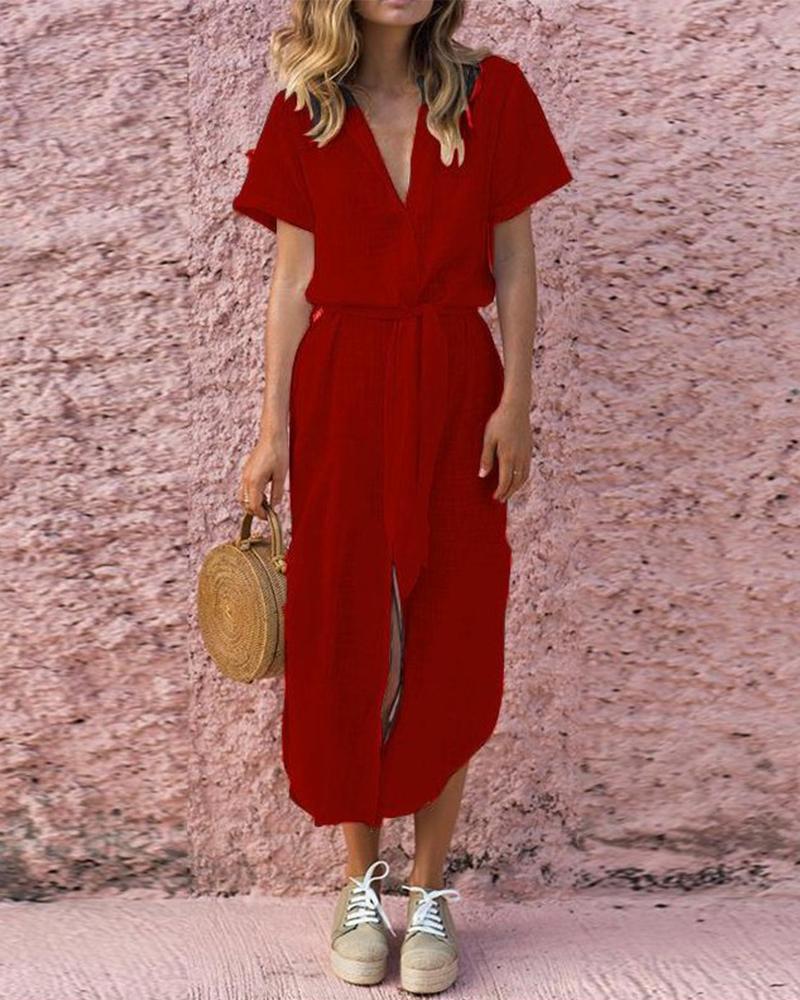 

Solid Tie Waist Shirt Dress, Red