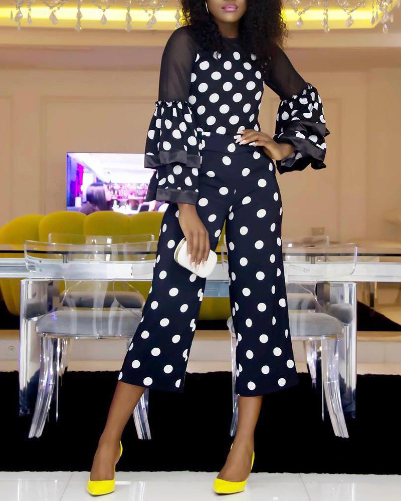 

Dot Mesh Insert Ruffle Bell Cuff Jumpsuit