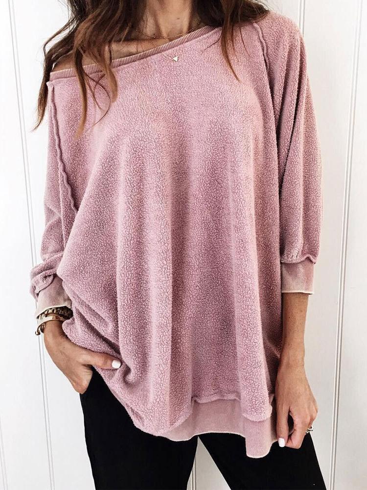 

Solid Fluffy Round Neck Pullover Sweatshirt, Pink