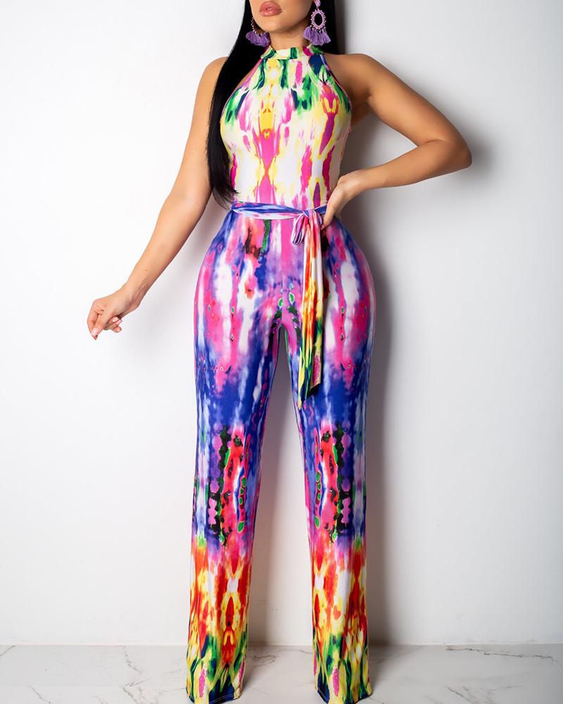 

Tie Dye Cut Out Back Belted Jumpsuits, Blue