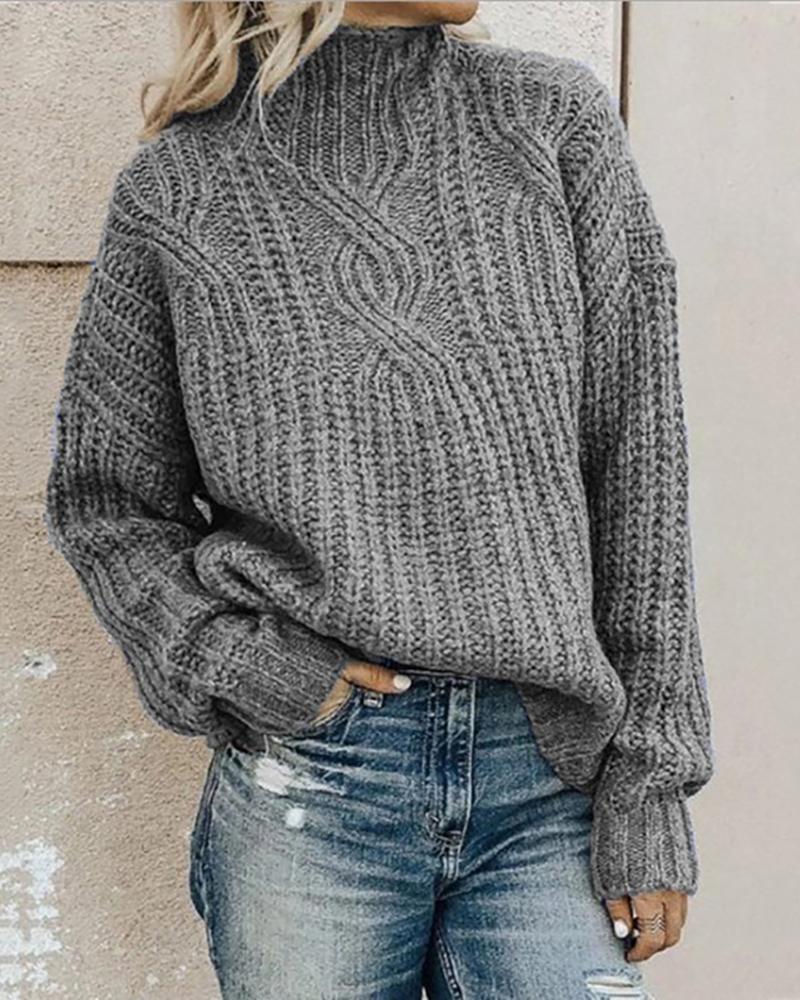 

Solid High Neck Knit Casual Sweater, Gray