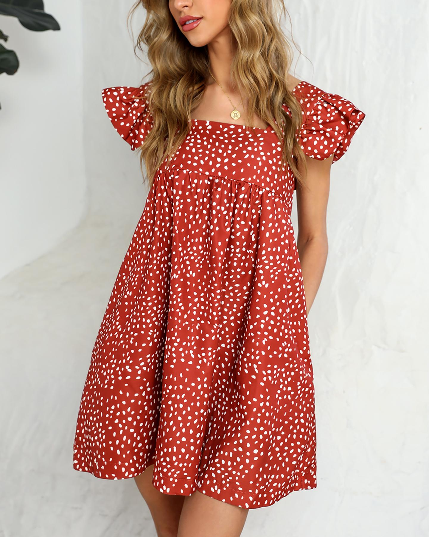 

Floral Print Square Neck Ruffles Dress, Red