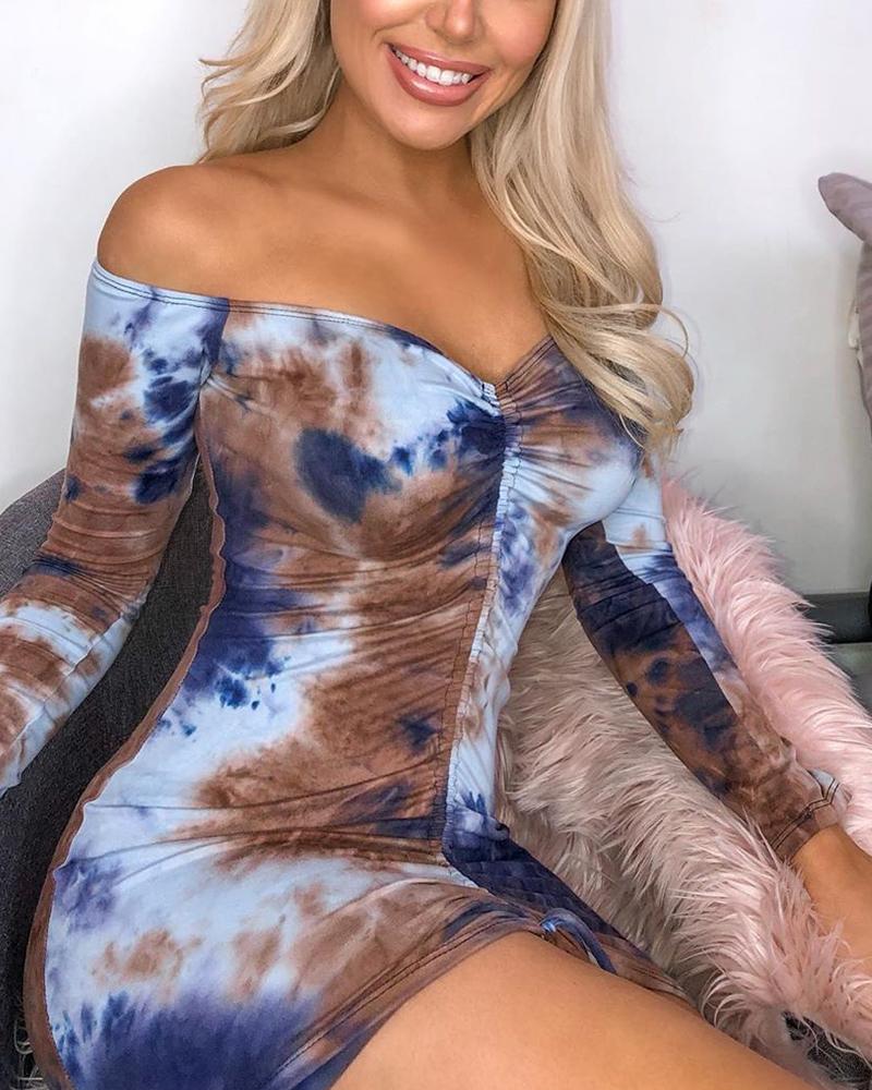 

Off Shoulder Multicolor Ruched Dress, Blue