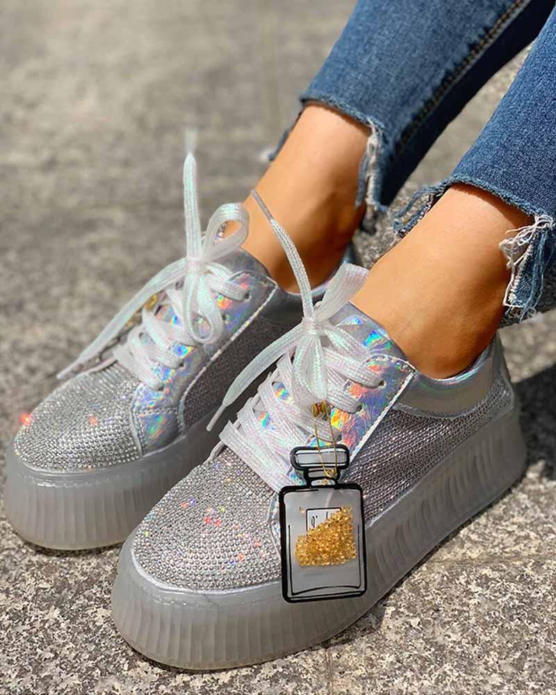 

Studded Lace-Up Muffin Casual Sneakers, Silver