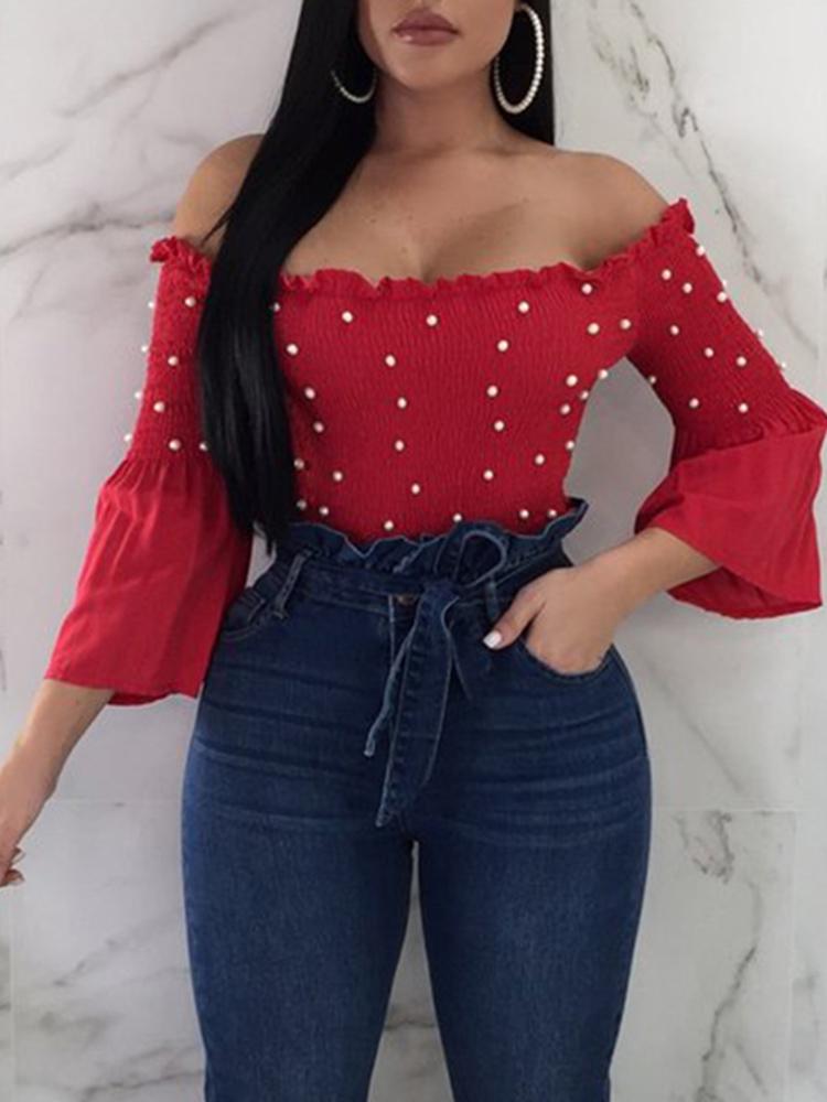 

Beading Shirring Off Shoulder Flared Sleeve Blouse