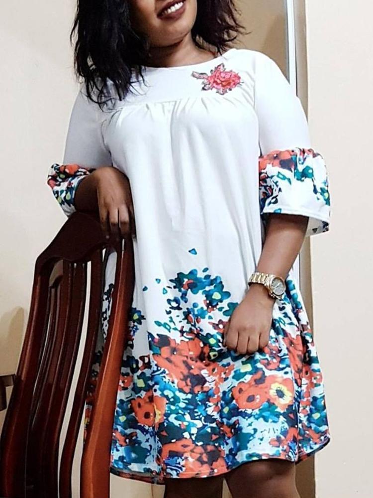 

Floral Print Flare Sleeve Casual Dress, White