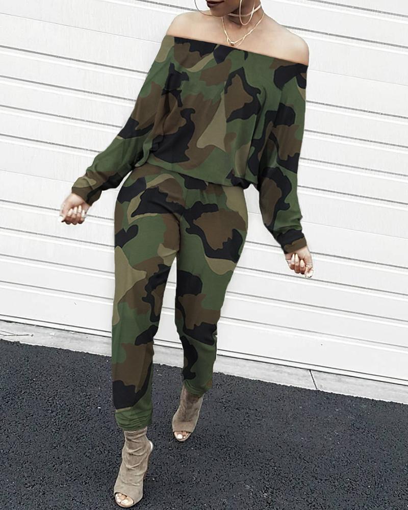 

Off Shoulder Camouflage Long Sleeve Jumpsuit, Camoflage
