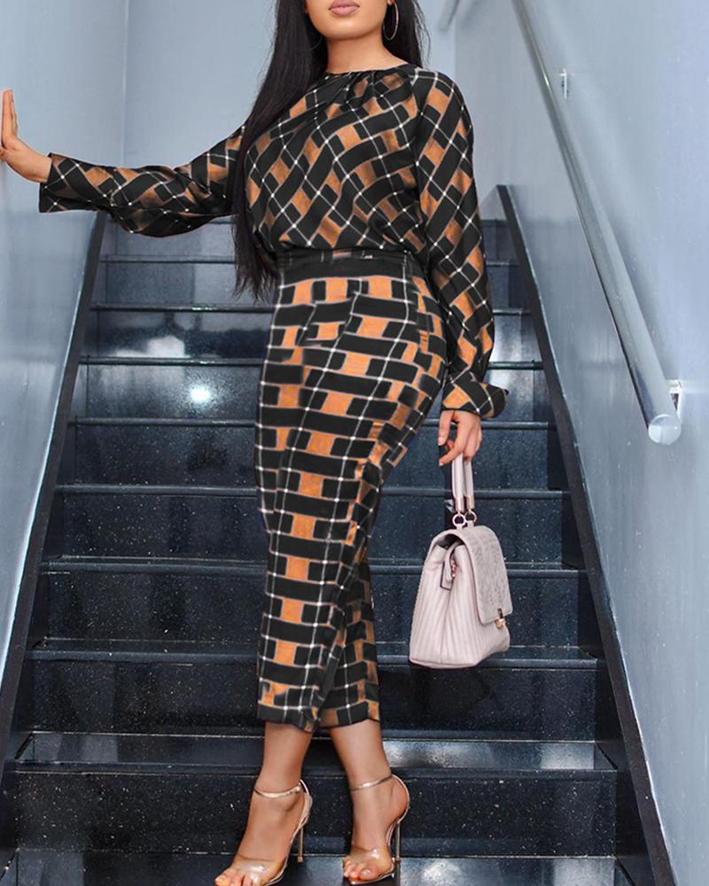 

Long Sleeve Plaid Top & High Waist Pants Sets, Black