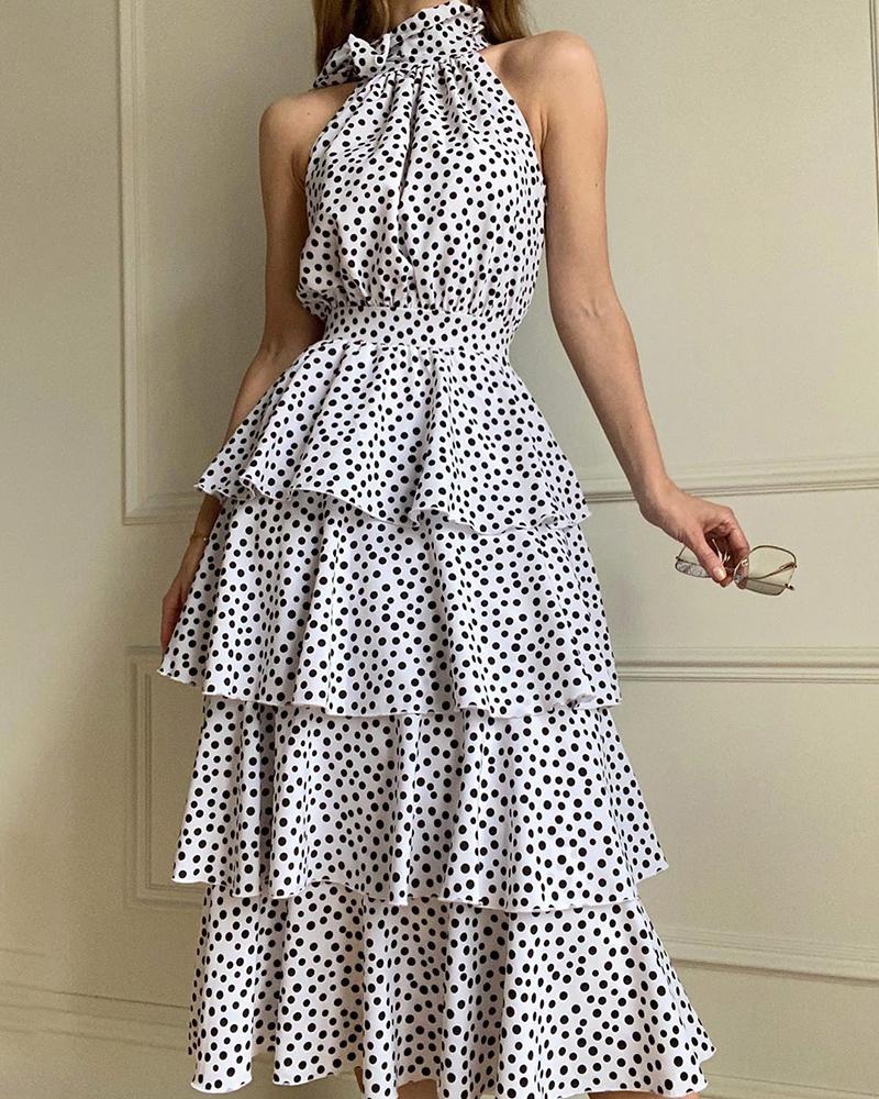 

Polka Dots High Neck Layered Ruffles Ruched Casual Dress, White