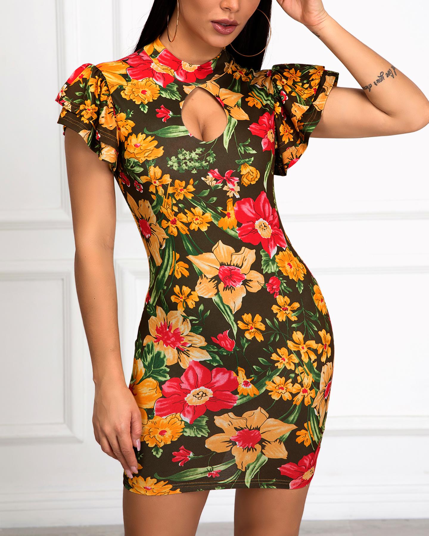 

Ruffles Short Sleeve Floral Print Bodycon Dress